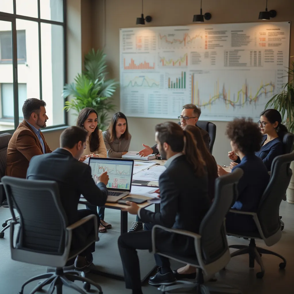 Equipo de consultores en una reunión estratégica discutiendo gráficos financieros.