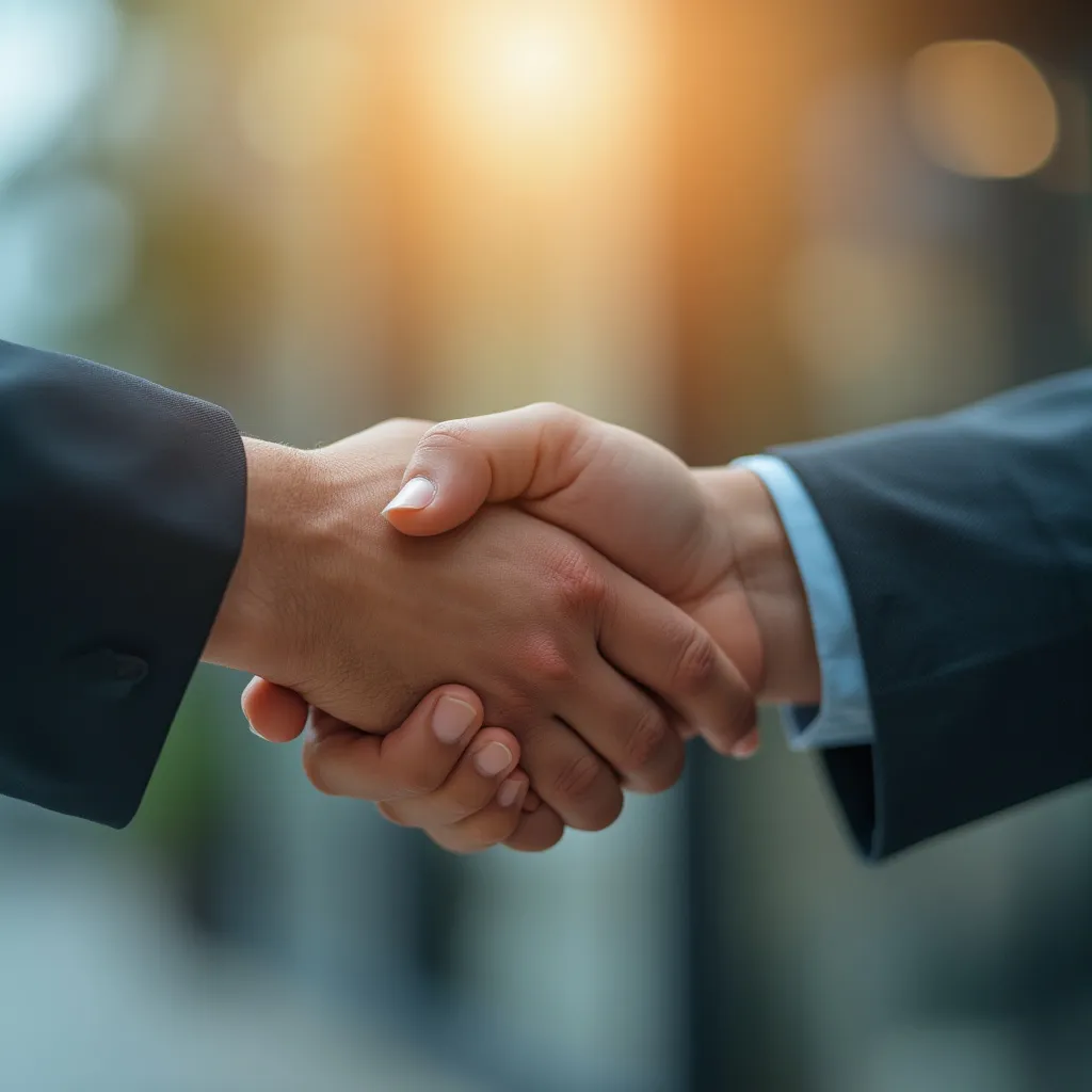 Consultor financiero estrechando la mano de un cliente satisfecho en Argentina.