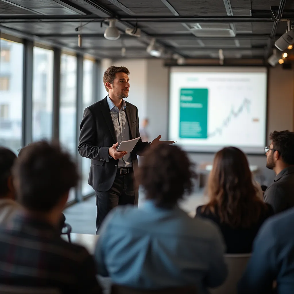 Consultor presentando en un seminario financiero en Buenos Aires.