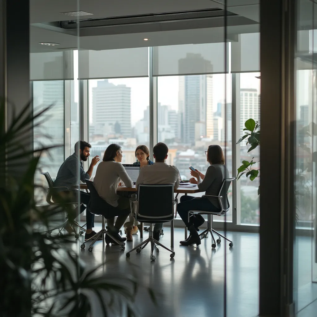 Interior moderno de oficina de consultoría financiera en Buenos Aires con equipo trabajando.